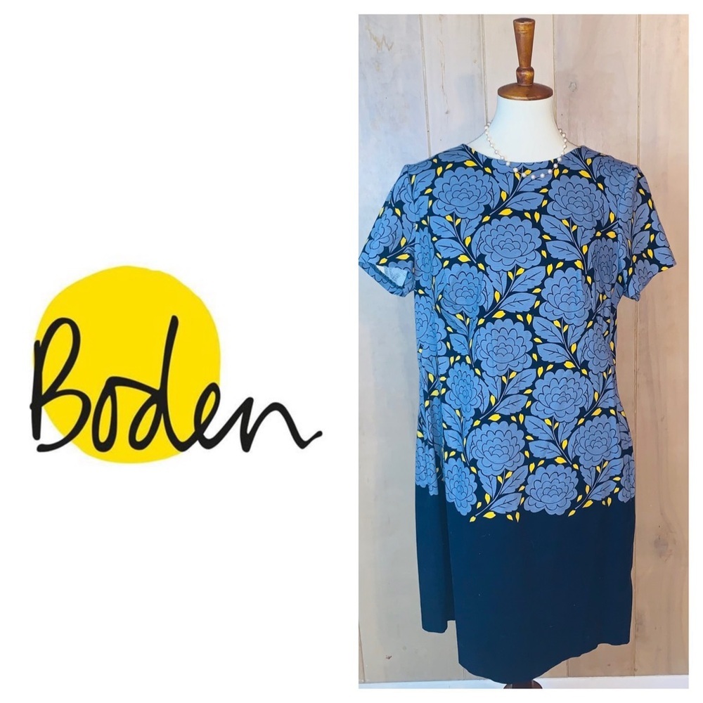 Boden Blue Floral Midi Dress with Yellow Accents